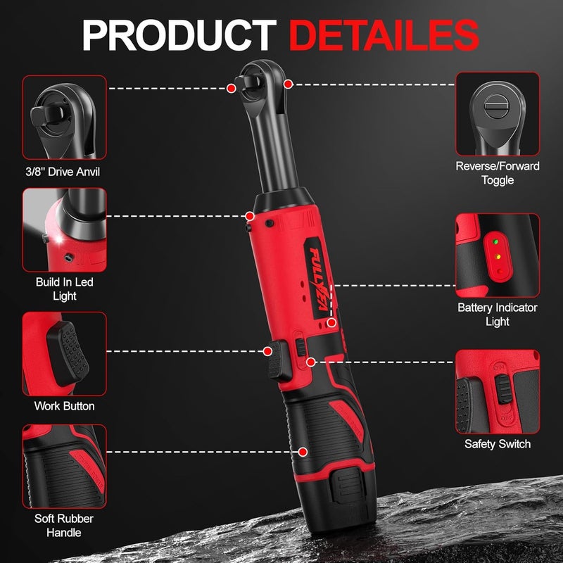 FULLYEA Electric Ratchet Wrench Set,12V Cordless Ratchet Wrench 3/8", 400 RPM Power Ratchet Tool Kit with LED Light, 7 Sockets, 1/4" adapter, 2 Packs 2000mAh Lithium-Ion Battery and Fast Charger - Image 2